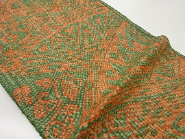 手織り真綿紬花唐草に曲線・幾何学模様織出し名古屋帯